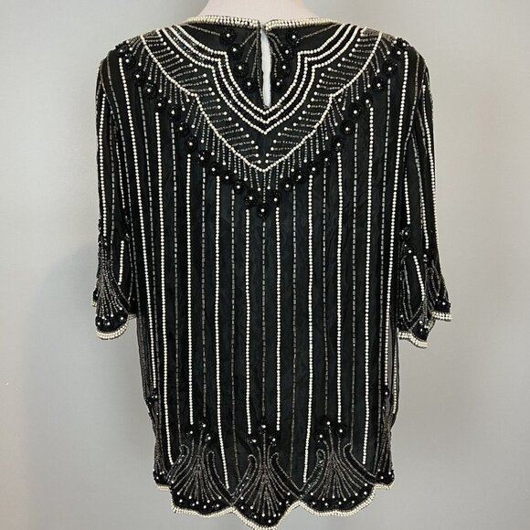 Vtg 80s Beaded Silk Blouse Silk Black White Stripe Small Boxy Oversized - Picture 3 of 11